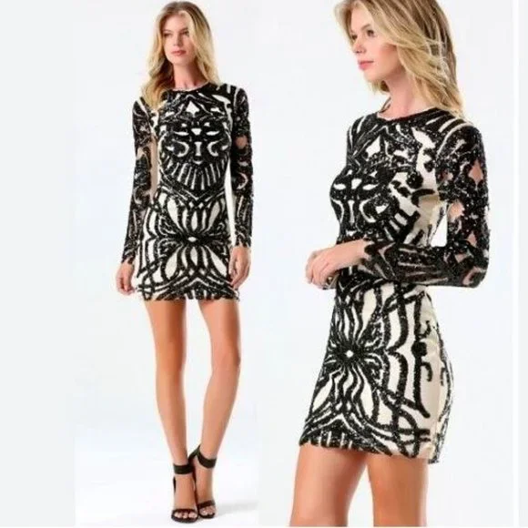 Bebe Dresses | Bebe Long Sleeve Sequin Dress Mesh Contrast Mini S Euc | Color: Black/White | Size: S | Pattymel18's Closet